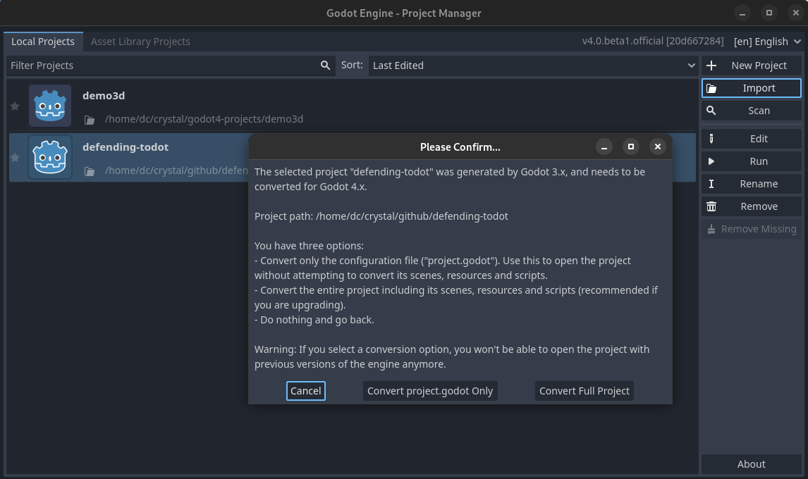 Screenshot del tool per aggiornare il progetto da Godot 3 a Godot 4